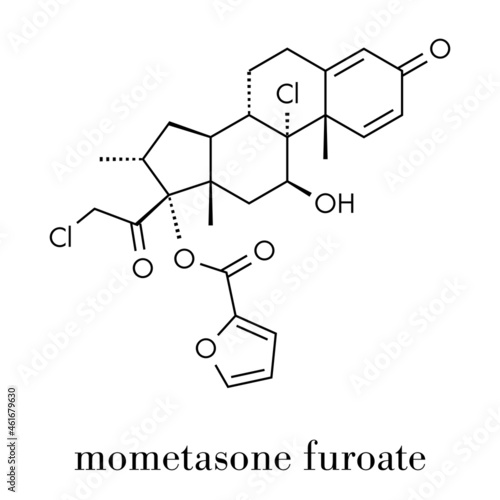 Mometasone furoate steroid drug molecule. Prodrug of mometasone. Skeletal formula.