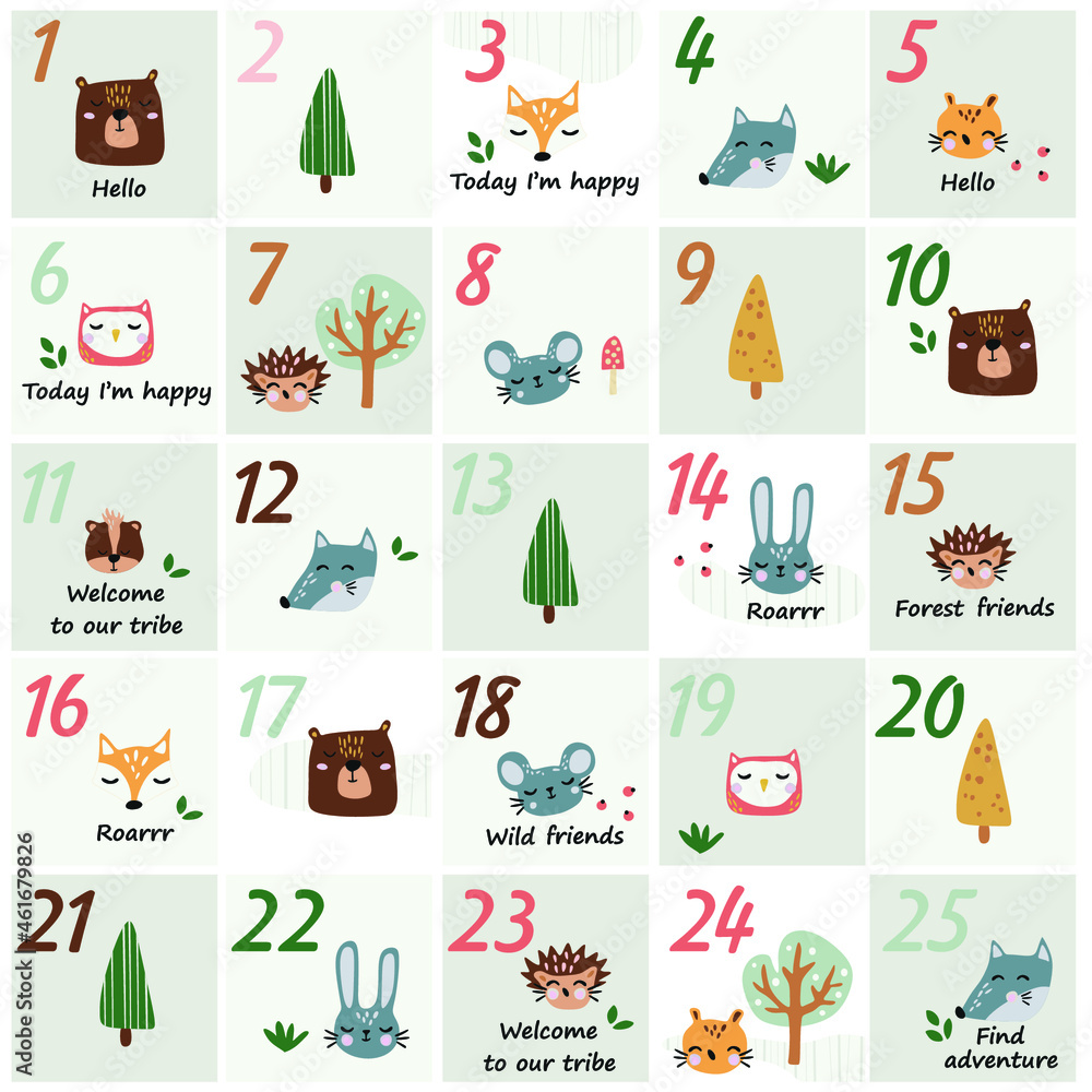 advent calendar with forest animals, vector illustration 