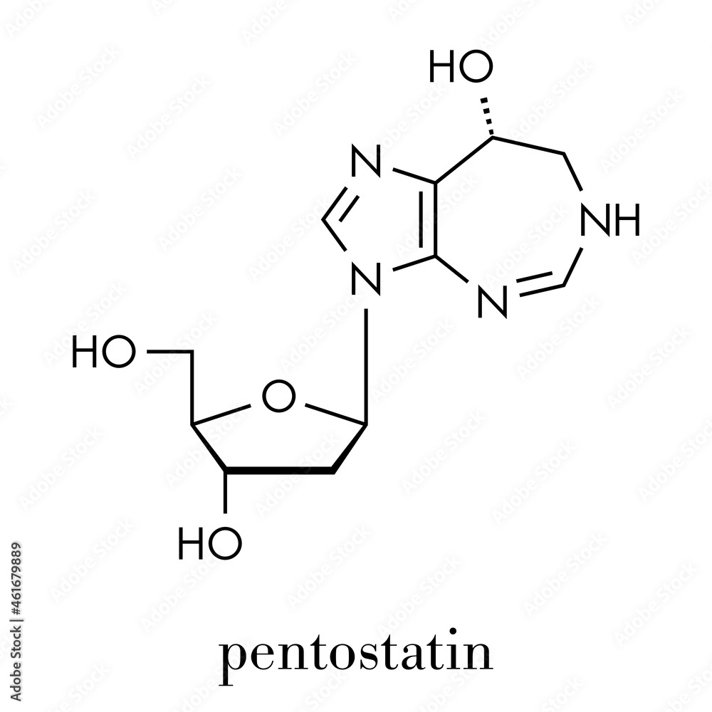 Pentostatin cancer drug molecule. Skeletal formula. Pentostatin cancer drug molecule. Skeletal formula.