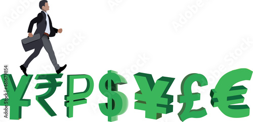 distinguished person walks over international currencies