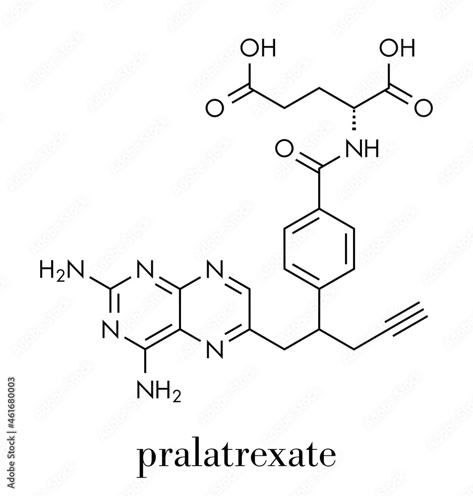 Pralatrexate cancer drug molecule (antifolate class). Skeletal formula. Pralatrexate cancer drug molecule (antifolate class). Skeletal formula.