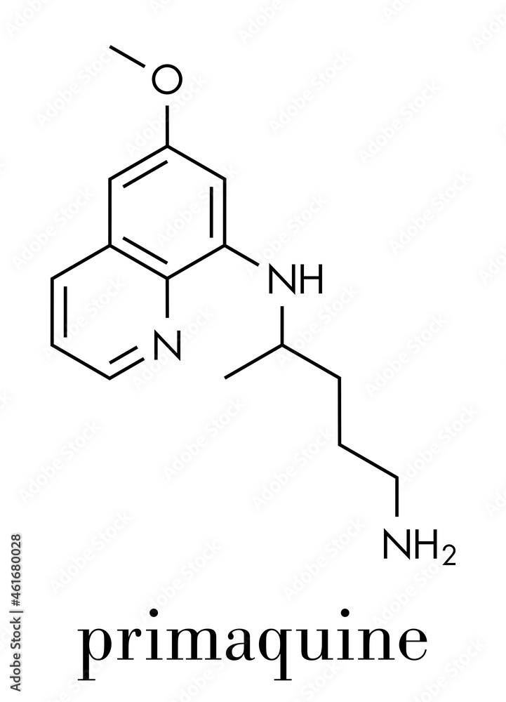 Primaquine malaria drug molecule. Skeletal formula. Primaquine malaria drug molecule. Skeletal formula.