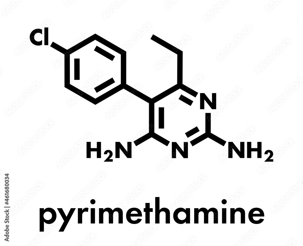 Pyrimethamine malaria drug molecule. Also used as an antiprotozoal drug. Skeletal formula. Pyrimethamine malaria drug molecule. Also used as an antiprotozoal drug. Skeletal formula.