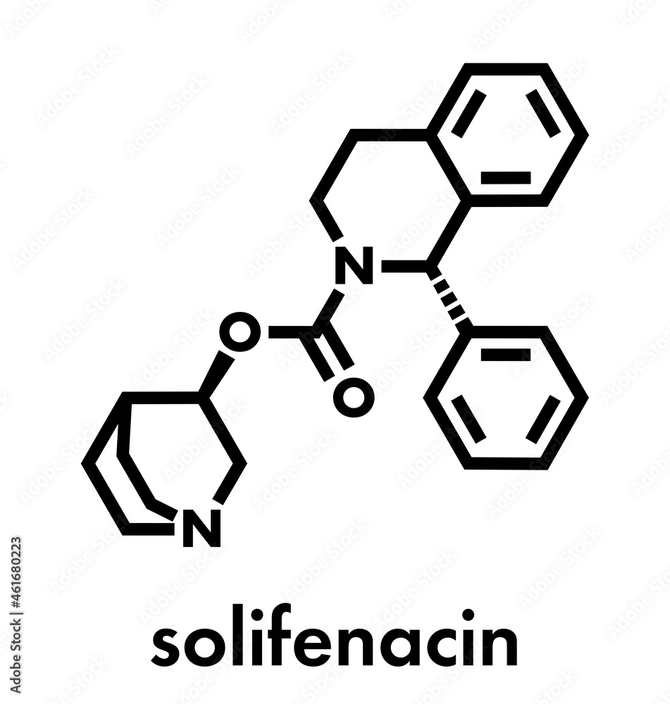 Solifenacin overactive bladder drug molecule. Skeletal formula. Solifenacin overactive bladder drug molecule. Skeletal formula.