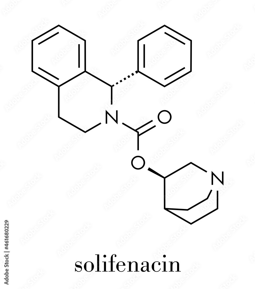 Solifenacin overactive bladder drug molecule. Skeletal formula.