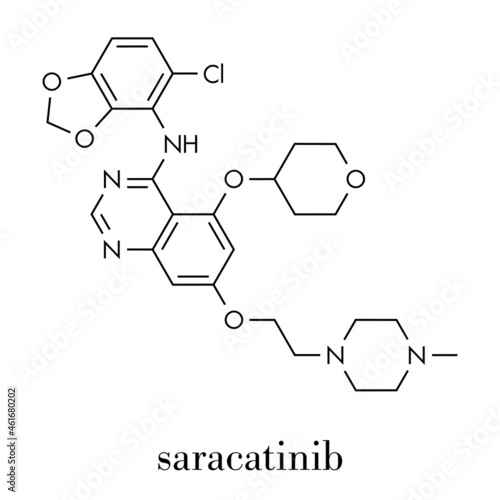 Saracatinib drug molecule. Dual kinase inhibitor, inhibiting both Src and Bcr-Abl tyrosine kinases. Skeletal formula. photo
