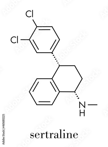 Sertraline antidepressant drug molecule. Skeletal formula.