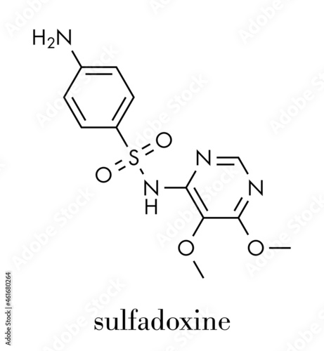 Sulfadoxine malaria drug molecule (sulfonamide class). Skeletal formula.