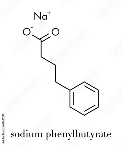 Sodium phenylbutyrate urea cycle disorders drug molecule. Also acts as histone acetylase (HDAc) inhibitor and chemical chaperone. Skeletal formula.