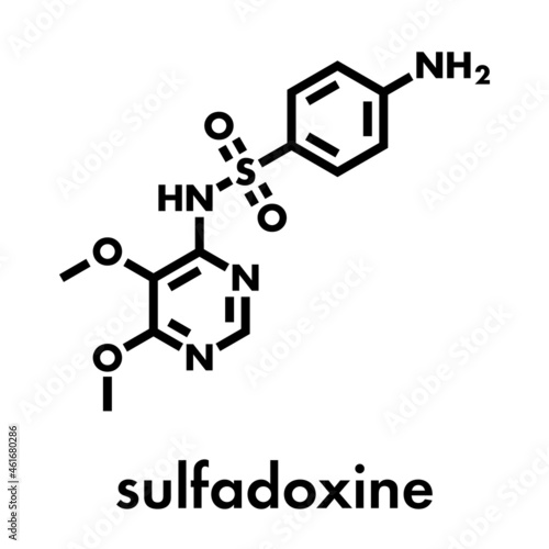 Sulfadoxine malaria drug molecule (sulfonamide class). Skeletal formula.