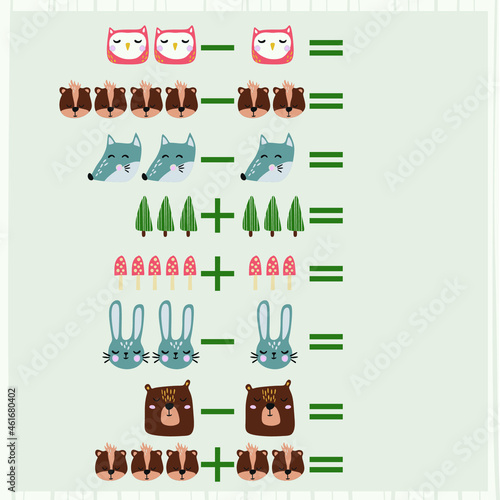 mathematical examples of addition and subtraction. educational page for children. © Anastasiya