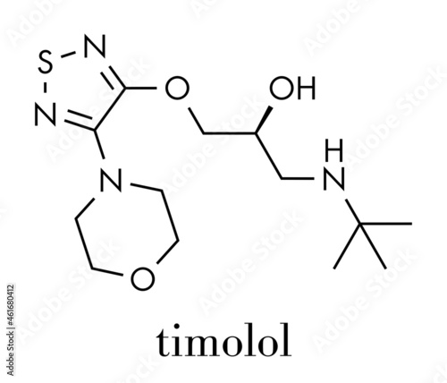 Timolol beta-adrenergic receptor antagonist drug molecule. Used in treatment of glaucoma, migraine, hypertension, etc. Skeletal formula. photo