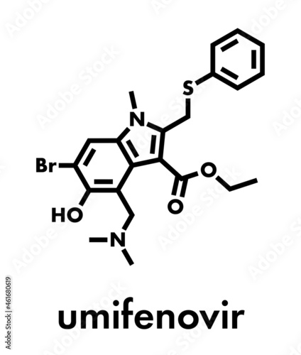 Umifenovir influenza drug molecule. Skeletal formula.