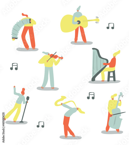 Vector illustration with violinist, saxophonist, accordionist, vocalist, harper, guitarist. Cartoon character.