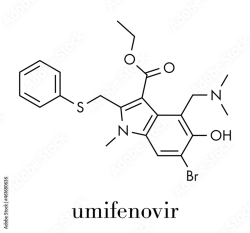 Umifenovir influenza drug molecule. Skeletal formula.