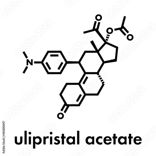 Ulipristal acetate contraceptive drug molecule. Used in emergency contraception tablets (morning-after pill). Skeletal formula.