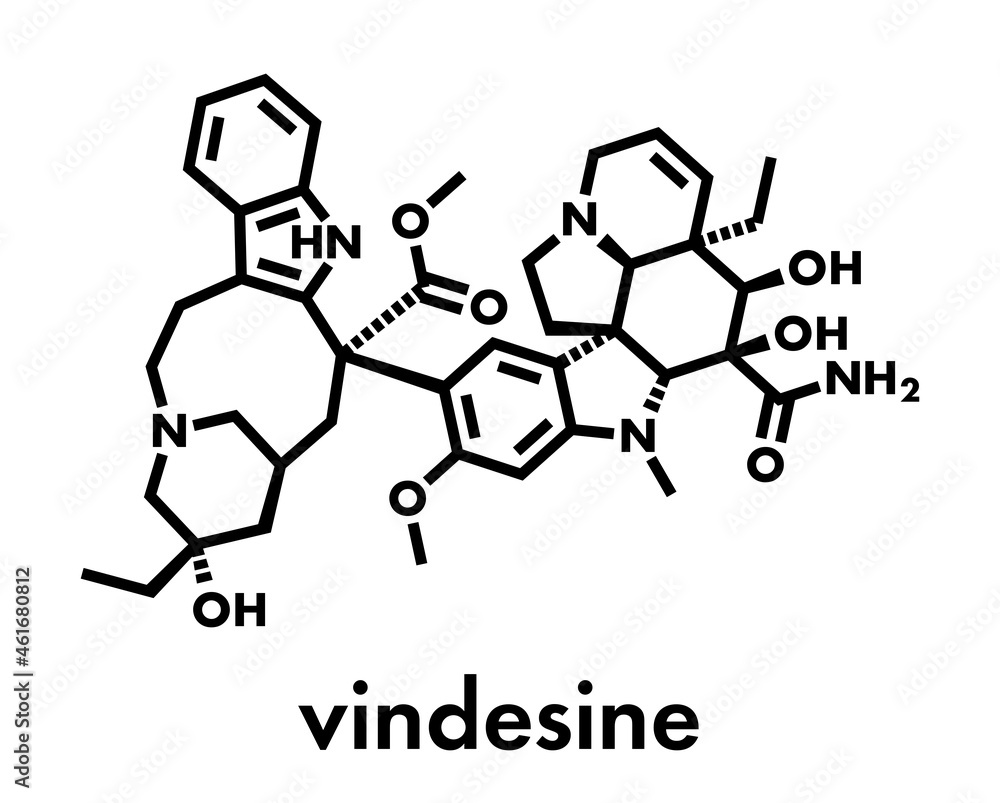 vindesine cancer chemotherapy drug molecule. Skeletal formula. vindesine cancer chemotherapy drug molecule. Skeletal formula.