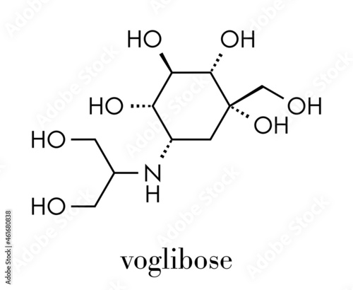 Voglibose diabetes drug molecule. Skeletal formula.