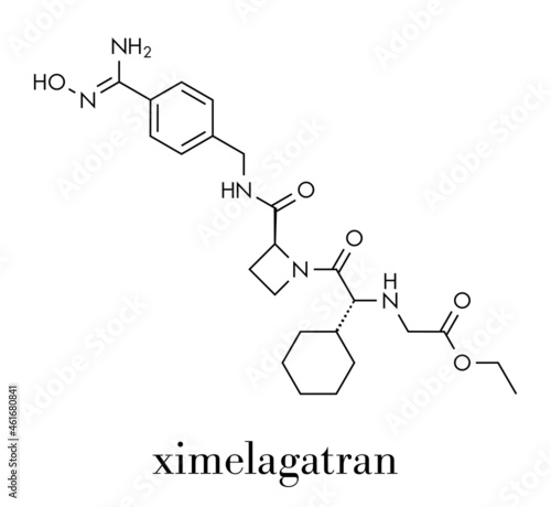 Ximelagatran anticoagulant drug molecule (direct thrombin inhibitor). Skeletal formula.
