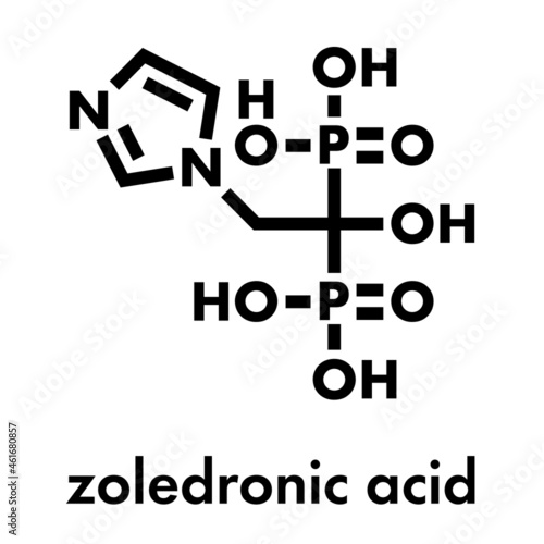 Zoledronic acid (zoledronate) osteoporosis drug molecule (bisphosphonate class). Skeletal formula.