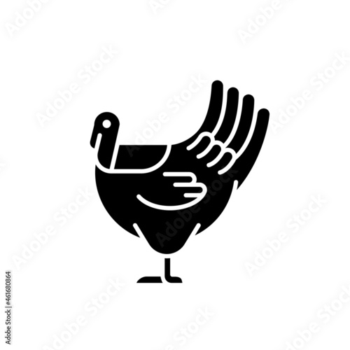 Male turkey black glyph icon. Commercial poultry farming for food. Domestic bird growing for meat. Thanksgiving dinner with turkey. Silhouette symbol on white space. Vector isolated illustration