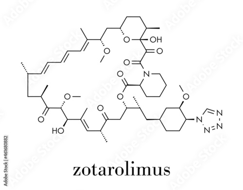 Zotarolimus immunosuppressant molecule. Used in drug-eluting coronary stents. Skeletal formula.