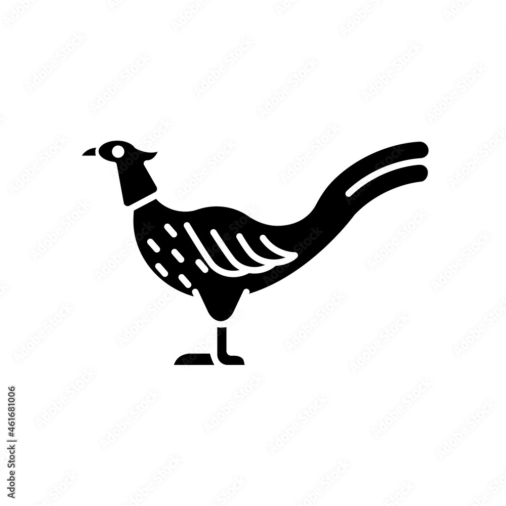 Fototapeta premium Male pheasant black glyph icon. Commercial poultry farming for food. Ringneck cock. Domestic bird raising. Long feathered tail. Silhouette symbol on white space. Vector isolated illustration