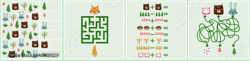 Mini games collections with forest animals  for development. I spy. Maze. Colorful vector illustration in flat style. 