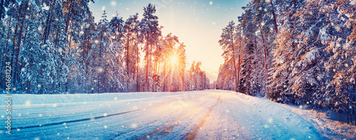 Panoramic view of the beautiful rural road in winter