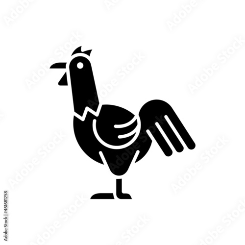 Rooster black glyph icon. Cocks husbandry. Commercial chicken raising. Growing livestock industry. Domestic landfowl. Young cockerel. Silhouette symbol on white space. Vector isolated illustration