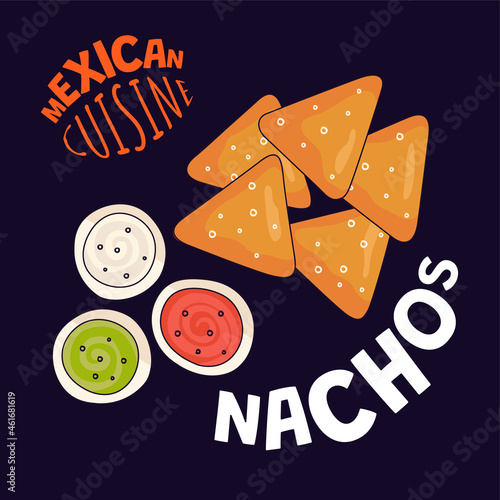 Mexican nachos poster. Mexico fast food eatery, cafe or restaurant advertising banner. Latin american cuisine nacho flyer. Traditional snack and guacamole, salsa, cheese sauce vector eps illustration