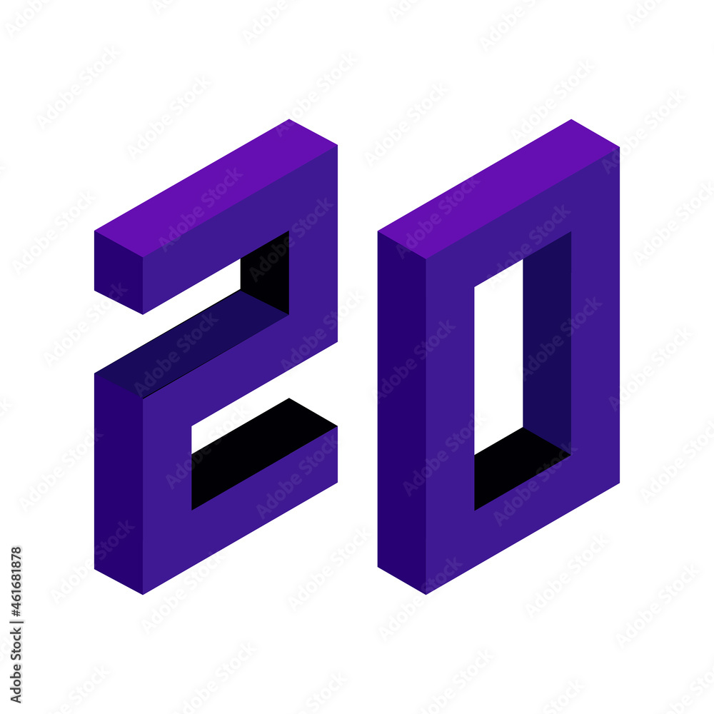 Violet number 20 in isometric style. Isolated on white background. Learning numbers, serial number, price, place. Violet number 20 in isometric style. Isolated on white background. Learning numbers, serial number, price, place.