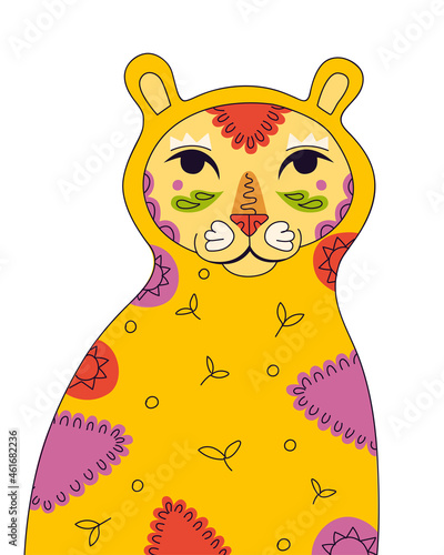 Drawing of latin american mountain lion cougar with leaf pattern on body. Folk floral art ornament on yellow puma. Vector isolated eps illustration