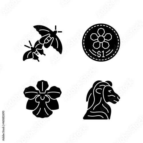 Photography National animal and flower of Singapore black glyph icons set on white space