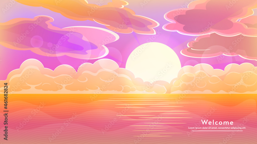 Vector illustration, flat 2d cartoon style. Sunset or sunrise in ocean, nature landscape background. Evening or morning view. Pink clouds flying in sky to shining sun above sea of water surface. Vector illustration, flat 2d cartoon style. Sunset or sunrise in ocean, nature landscape background. Evening or morning view. Pink clouds flying in sky to shining sun above sea of water surface.