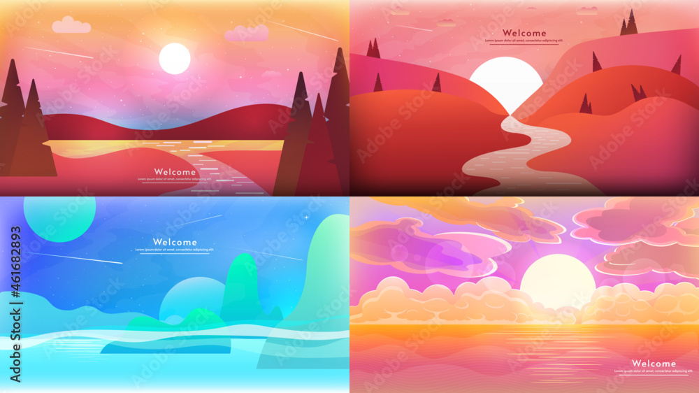 Vector illustrations. Beautiful natural background. Abstract landscape set sunset or sunrise for wallpaper design. Design elements.