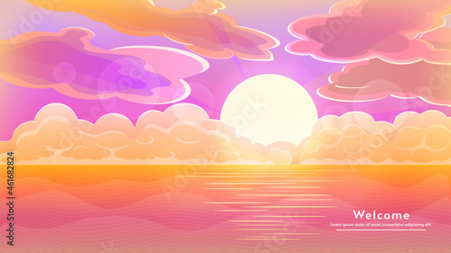 Fototapeta Naklejka Na Ścianę i Meble -  Vector illustration, flat 2d cartoon style. Sunset or sunrise in ocean, nature landscape background.  Evening or morning view. Pink clouds flying in sky to shining sun above sea of water surface.