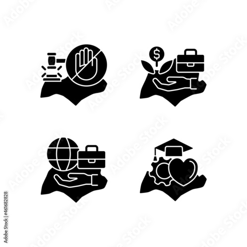 Living in Singapore black glyph icons set on white space. Legal system. Pro-business environment. High human capital rate. Flexible labor law. Silhouette symbols. Vector isolated illustration photo