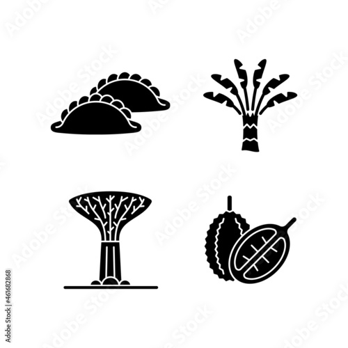 Plants in Singapore black glyph icons set on white space. Traveller palm. Supertree grove. Curry puff. Singaporean cuisine. Durian tropical fruit. Silhouette symbols. Vector isolated illustration