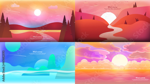 Vector illustrations. Beautiful natural background. Abstract landscape set sunset or sunrise for wallpaper design. Design elements.