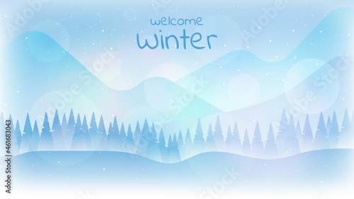 Winter vector illustration cartoon 2D style. Panoramic view. Banner template. Flat winter landscape. Snowy background. Snowdrift. Snowfall. Clear blue sky. Blizzard. Snowy weather. 