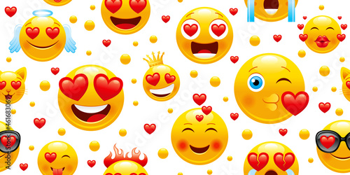 Emoticon vector pattern. Cute celebrate happy smiling faces in hat, with kiss, heart, sunglasses. Valentine day emoticon icons. Fun sticker design. Isolated cool smiles