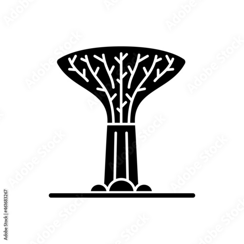 Supertree grove black glyph icon. Tree-like structure. Recognizable Singaporean attraction. Green development. Vertical garden. Silhouette symbol on white space. Vector isolated illustration