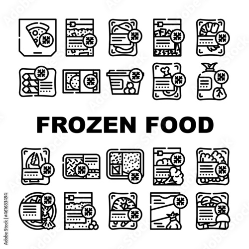 Frozen Food Storage Packaging Icons Set Vector. Broccoli And Mushrooms Vegetable Frozen Nutrition, Crab And Shrimp Seafood, Pizza and Dumplings Delicious Meal Contour Illustrations