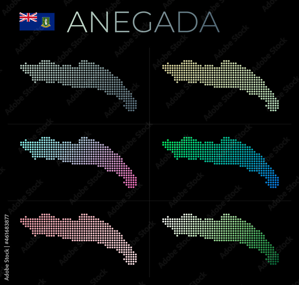 Fototapeta premium Anegada dotted map set. Map of Anegada in dotted style. Borders of the island filled with beautiful smooth gradient circles. Astonishing vector illustration.