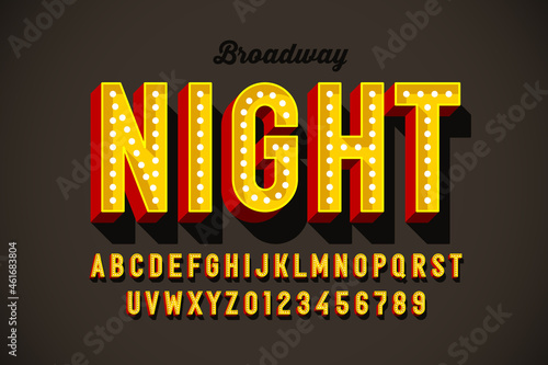 Broadway light bilb sign style font design, alphabet letters and numbers vector illustration