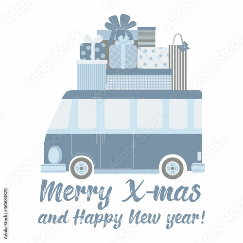Merry Christmas and Happy New Year Postcard template. Vector illustration with cute colorful car with gift box and slogan in cartoon flat syle.