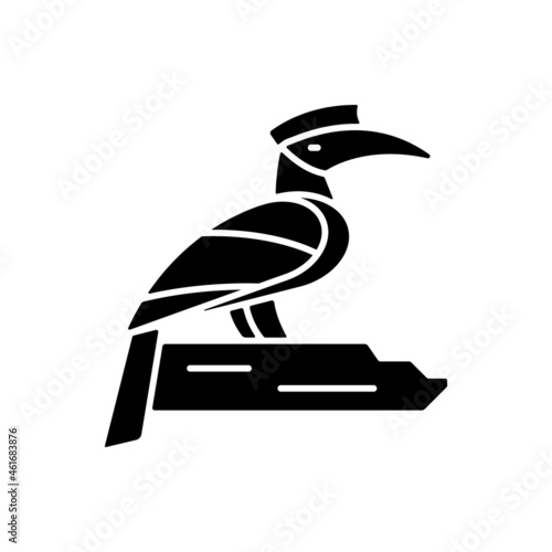 Hornbill black glyph icon. Singapore national bird. Exotic animal. Oriental species. Omnivorous creature. Rhinoceros hornbill. Silhouette symbol on white space. Vector isolated illustration