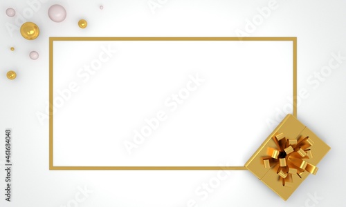  Christmas border flat lay background with golden gift box. New year holidays. Decoration with present on white greeting card. Long banner format. Birtdhay, wedding, anniversary concept.
Copy space