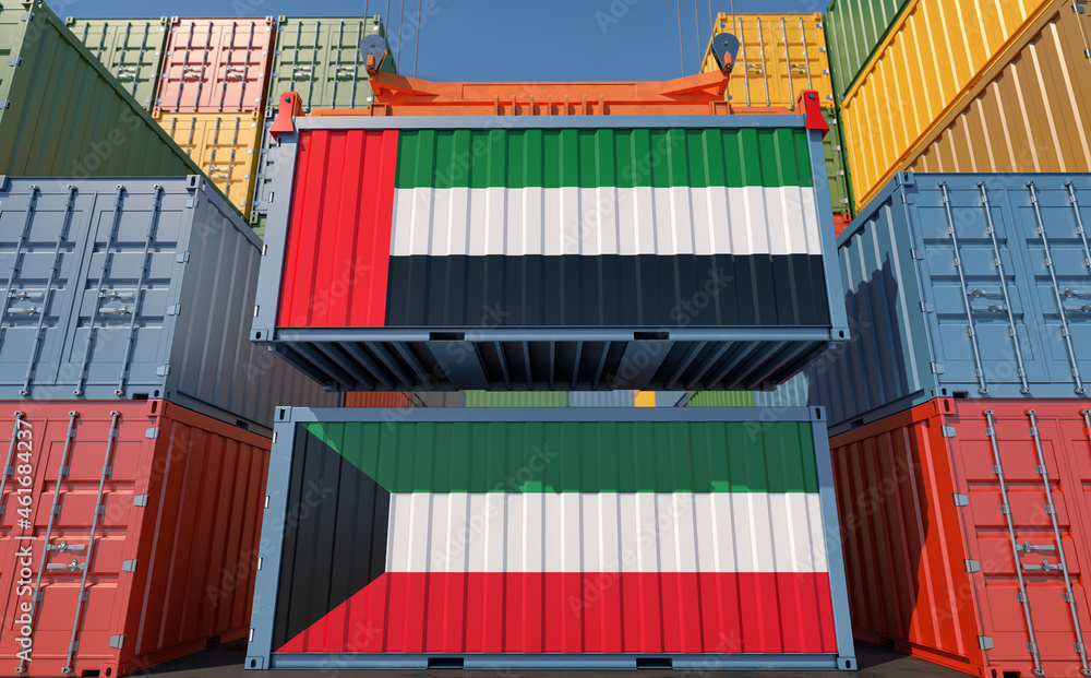 Fototapeta premium Freight containers with United Arab Emirates and Kuwait national flags. 3D Rendering